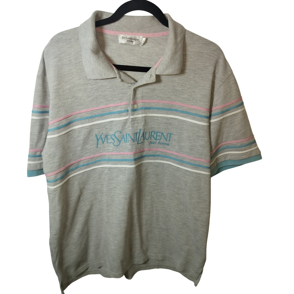 Yves Saint Laurent Pour Homme Vintage Striped Polo Shirt Gray Pink Blue XL